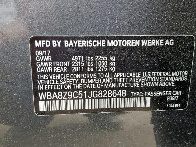 WBA8Z9C51JG828648 - 2018 BMW 330 XIGT GRAY photo 10