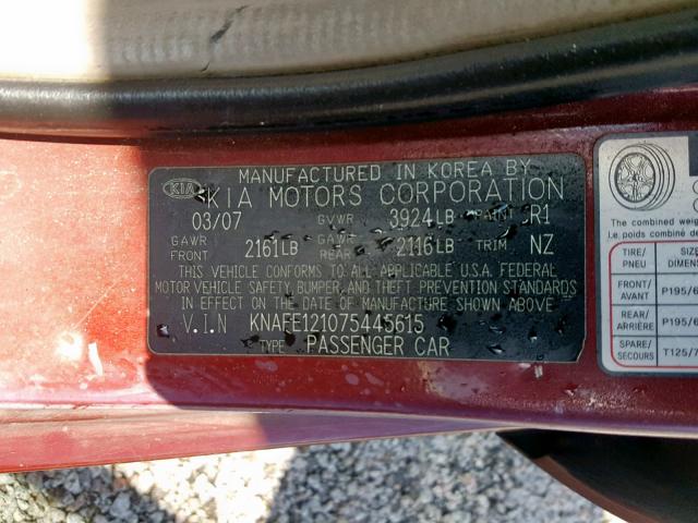 KNAFE121075445615 - 2007 KIA SPECTRA EX BURGUNDY photo 10