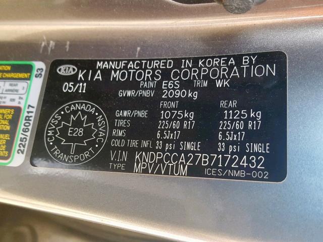 KNDPCCA27B7172432 - 2011 KIA SPORTAGE E SILVER photo 10