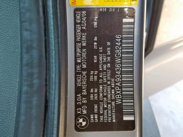 WBXPA93436WG82446 - 2006 BMW X3 3.0I GRAY photo 10