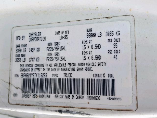 2B7HB21Y6TK116223 - 1996 DODGE RAM VAN B2 WHITE photo 10