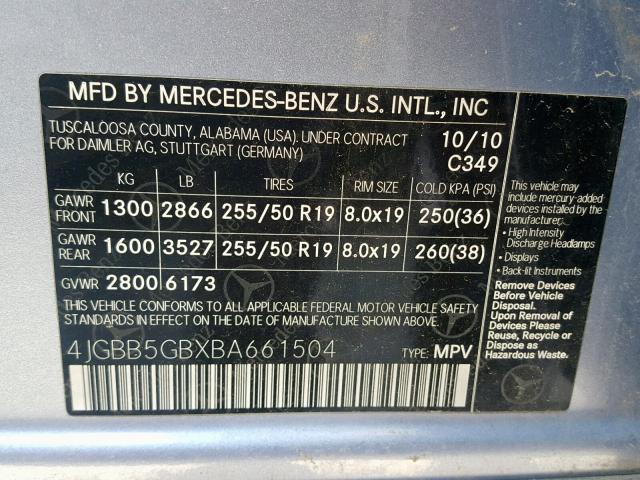 4JGBB5GBXBA661504 - 2011 MERCEDES-BENZ ML 350 BLUE photo 10