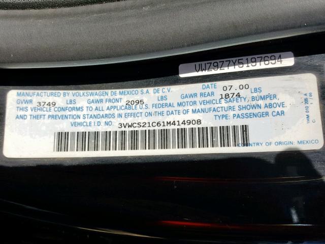 3VWCS21C61M414908 - 2001 VOLKSWAGEN NEW BEETLE Qara foto 10