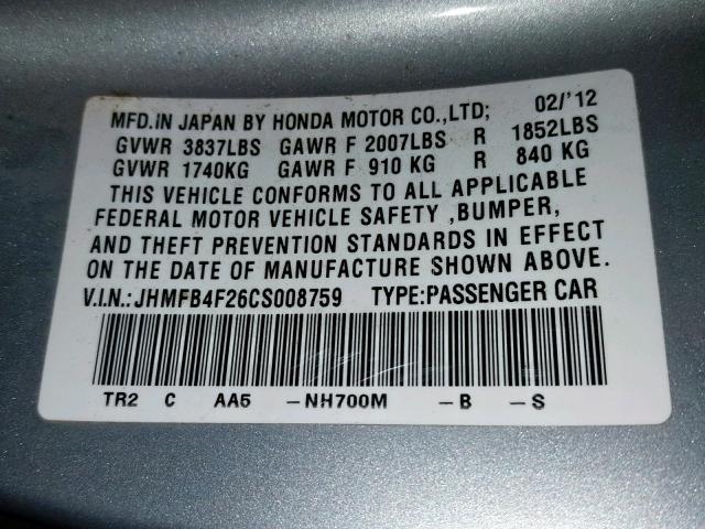 JHMFB4F26CS008759 - 2012 HONDA CIVIC HYBR SILVER photo 10