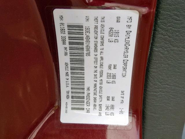 1B3EJ46X81N600785 - 2001 DODGE STRATUS SE MAROON photo 10