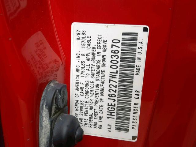 1HGEJ6227WL003670 - 1998 HONDA CIVIC RED photo 10