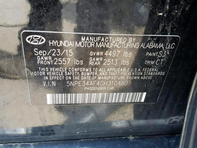 5NPE34AF4GH310480 - 2016 HYUNDAI SONATA SPO BLACK photo 10