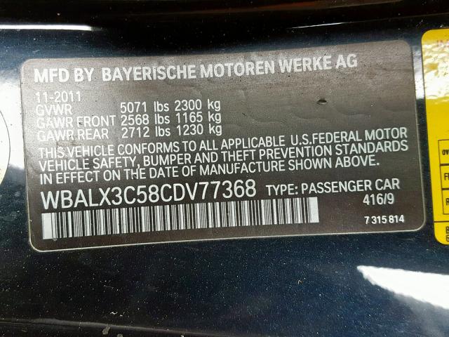 WBALX3C58CDV77368 - 2012 BMW 650 I BLACK photo 10
