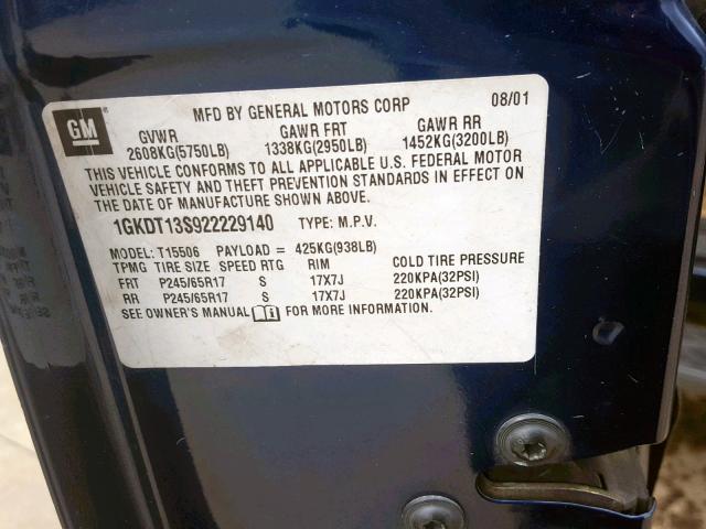 1GKDT13S922229140 - 2002 GMC ENVOY BLUE photo 10