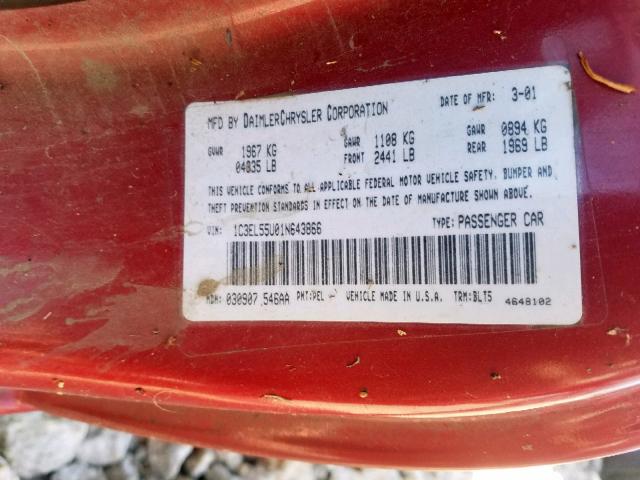 1C3EL55U01N643866 - 2001 CHRYSLER SEBRING LX RED photo 10