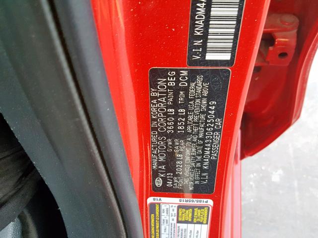 KNADM4A33D6250449 - 2013 KIA RIO LX RED photo 10