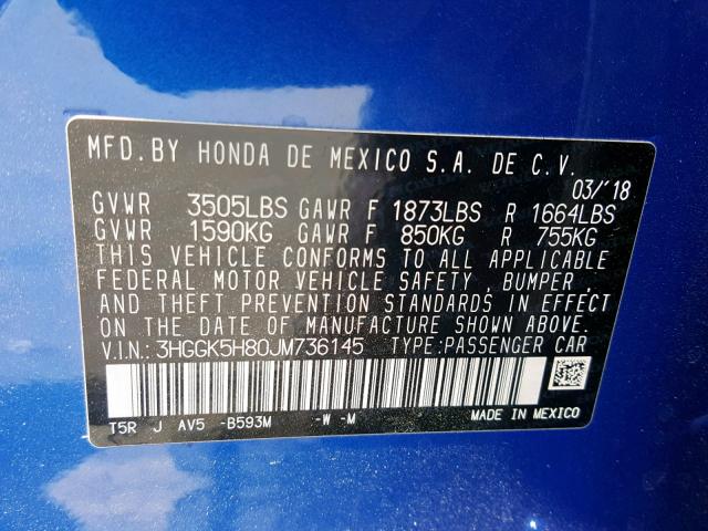 3HGGK5H80JM736145 - 2018 HONDA FIT EX BLUE photo 10