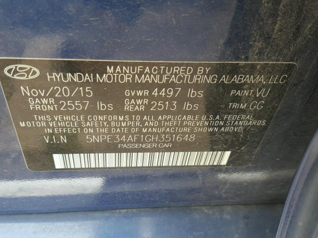 5NPE34AF1GH351648 - 2016 HYUNDAI SONATA SPO BLUE photo 10