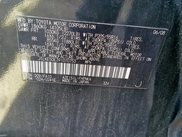 JTLKE50E391070753 - 2009 TOYOTA SCION XB BLACK photo 10