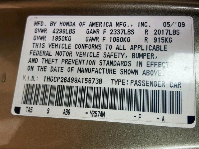 1HGCP26499A156738 - 2009 HONDA ACCORD LXP GOLD photo 10