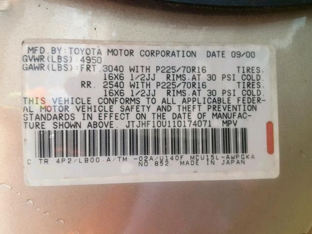 JTJHF10U110174071 - 2001 LEXUS RX 300 TAN photo 10