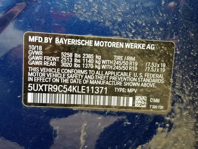 5UXTR9C54KLE11371 - 2019 BMW X3 XDRIVE3 BLUE photo 10