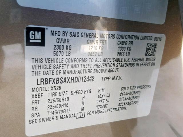 LRBFXBSAXHD012442 - 2017 BUICK ENVISION E BROWN photo 10