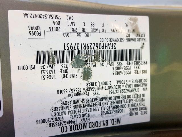 3FHAP06Z29R137951 - 2009 FORD FUSION S GREEN photo 10