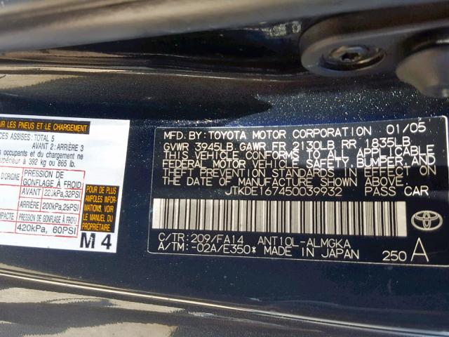 JTKDE167450039932 - 2005 TOYOTA SCION TC BLACK photo 10