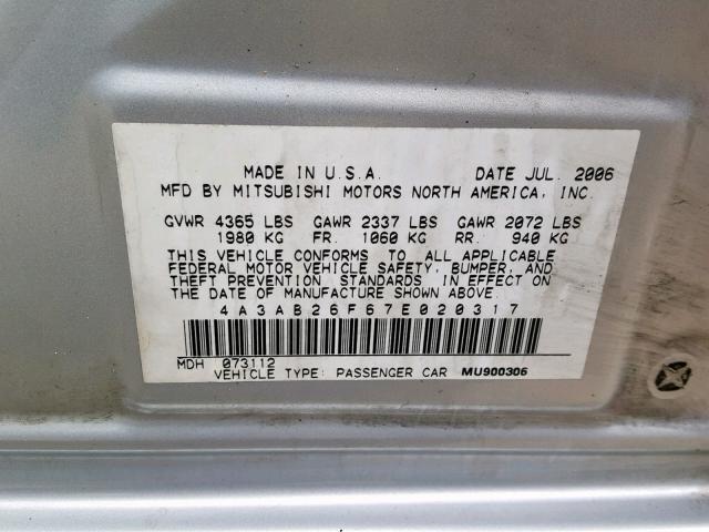 4A3AB26F67E020317 - 2007 MITSUBISHI GALANT DE SILVER photo 10