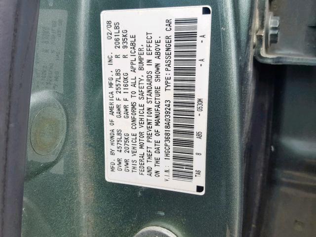 1HGCP36818A039243 - 2008 HONDA ACCORD EXL GREEN photo 10