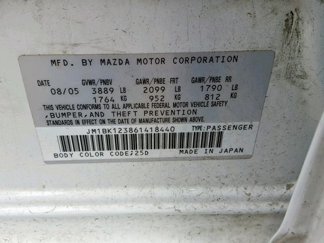 JM1BK123861418440 - 2006 MAZDA 3 S WHITE photo 10