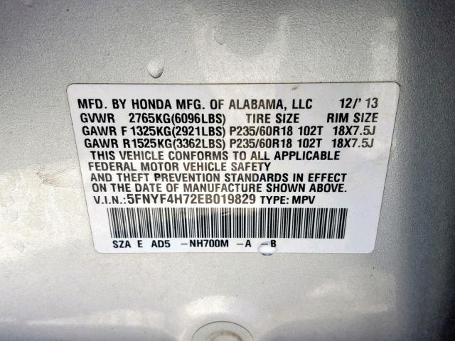 5FNYF4H72EB019829 - 2014 HONDA PILOT EXLN SILVER photo 10