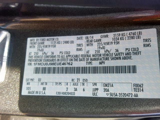 1FMCU0J98EUE46262 - 2014 FORD ESCAPE TIT GRAY photo 10