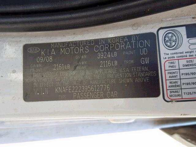 KNAFE222395612776 - 2009 KIA SPECTRA EX WHITE photo 10