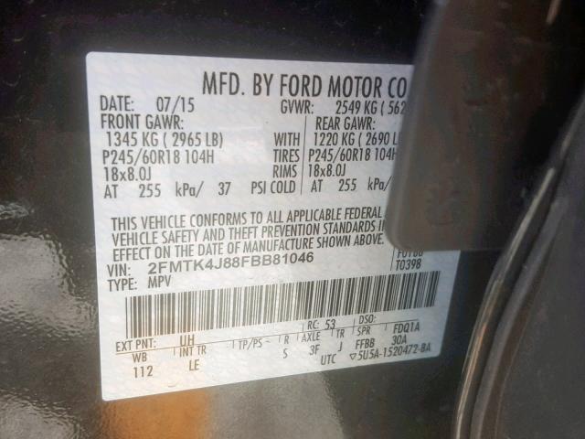 2FMTK4J88FBB81046 - 2015 FORD EDGE SEL BLACK photo 10