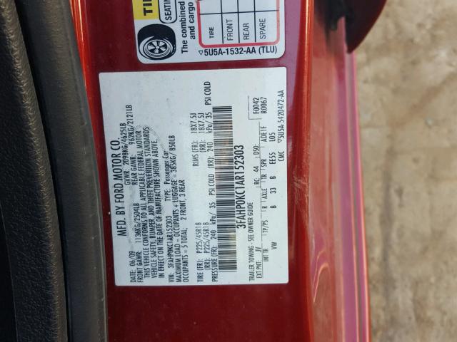 3FAHP0KC1AR152303 - 2010 FORD FUSION SPO RED photo 10