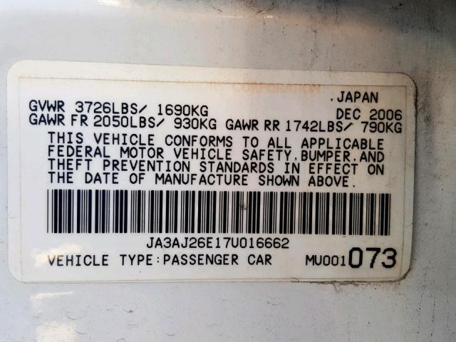 JA3AJ26E17U016662 - 2007 MITSUBISHI LANCER ES WHITE photo 10