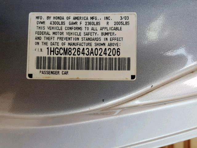 1HGCM82643A024206 - 2003 HONDA ACCORD EX GRAY photo 10