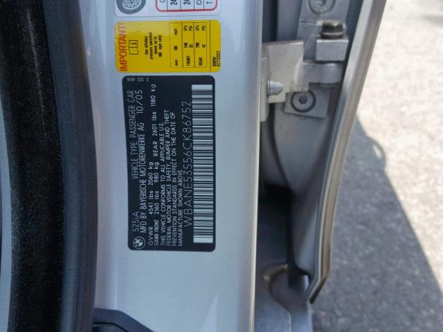 WBANE53556CK86752 - 2006 BMW 525 I SILVER photo 10