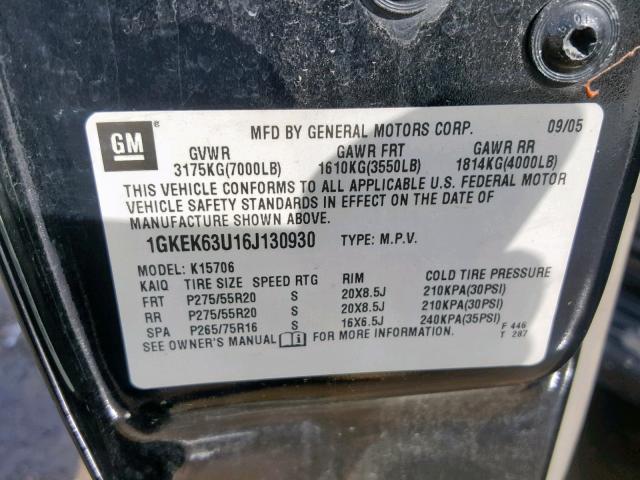 1GKEK63U16J130930 - 2006 GMC YUKON DENA BLACK photo 10