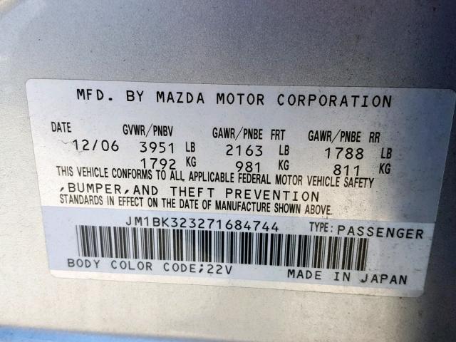 JM1BK323271684744 - 2007 MAZDA 3 S SILVER photo 10