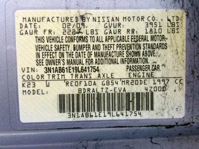 3N1AB61E19L641754 - 2009 NISSAN SENTRA 2.0 SILVER photo 10