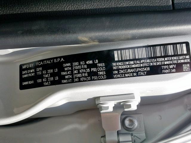 ZACCJBAH7JPH25438 - 2018 JEEP RENEGADE S SILVER photo 10