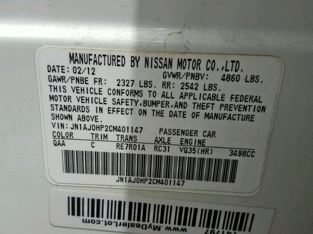 JN1AJ0HP2CM401147 - 2012 INFINITI EX35 BASE WHITE photo 10