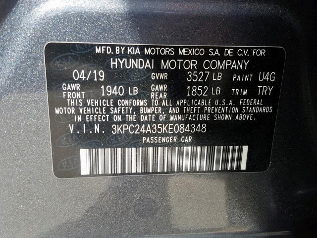 3KPC24A35KE084348 - 2019 HYUNDAI ACCENT SE GRAY photo 10