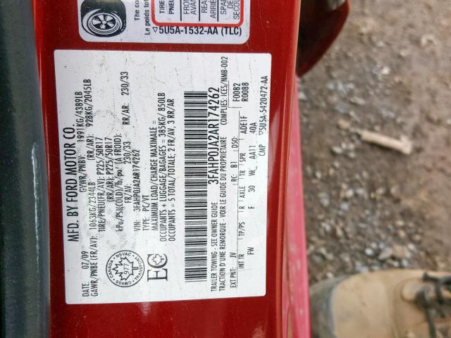 3FAHP0JA2AR174262 - 2010 FORD FUSION SEL RED photo 10