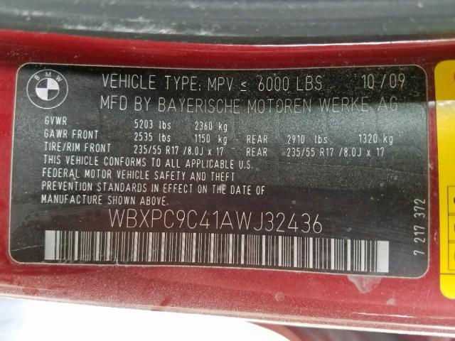 WBXPC9C41AWJ32436 - 2010 BMW X3 XDRIVE3 RED photo 10