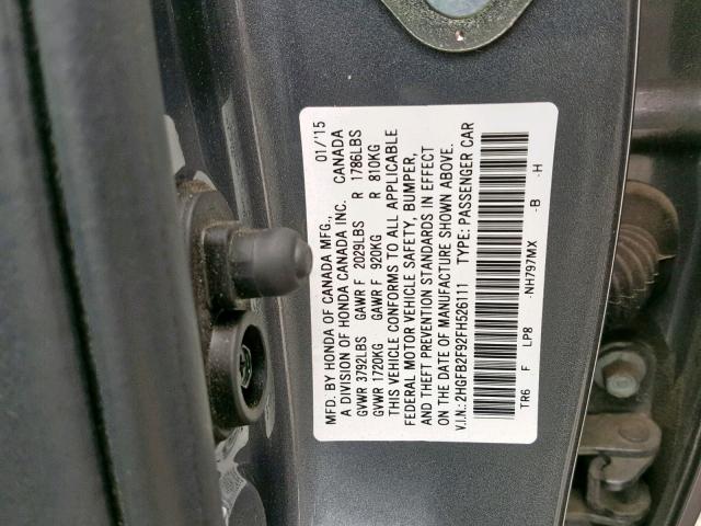 2HGFB2F92FH526111 - 2015 HONDA CIVIC EXL CHARCOAL photo 10