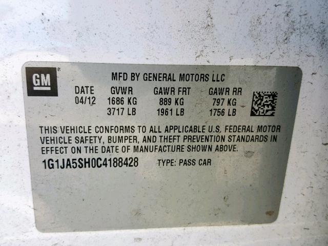 1G1JA5SH0C4188428 - 2012 CHEVROLET SONIC LS WHITE photo 10