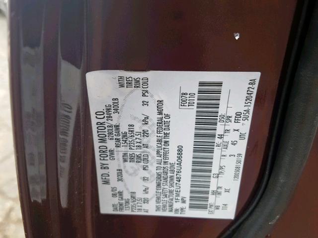 1FMEU74876UA06880 - 2006 FORD EXPLORER E BURGUNDY photo 10