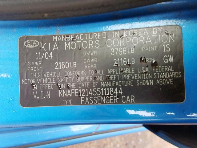 KNAFE121455111844 - 2005 KIA NEW SPECTR BLUE photo 10