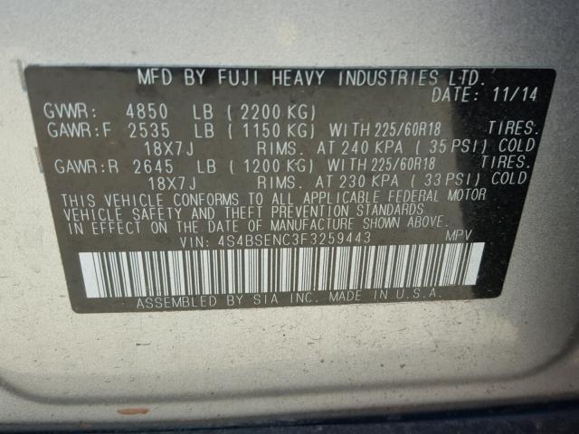 4S4BSENC3F3259443 - 2015 SUBARU OUTBACK 3. SILVER photo 10