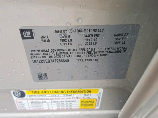 1G1ZC5EB7AF258349 - 2010 CHEVROLET MALIBU 1LT 金色 照片 10