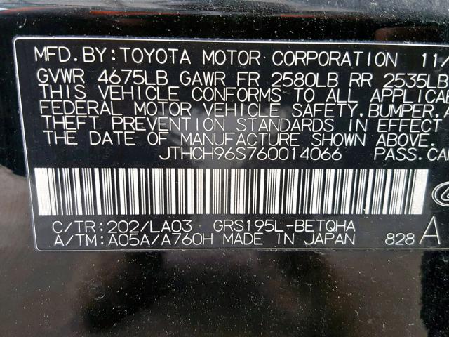 JTHCH96S760014066 - 2006 LEXUS GS 300 BLACK photo 10